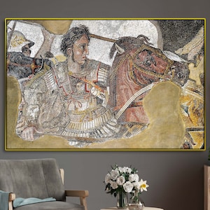 Reproducción de mosaico de Alejandro Magno en Pompeya, escena de batalla de la antigua Grecia, decoración de arte de pared retro vintage, impresión de museo de historia
