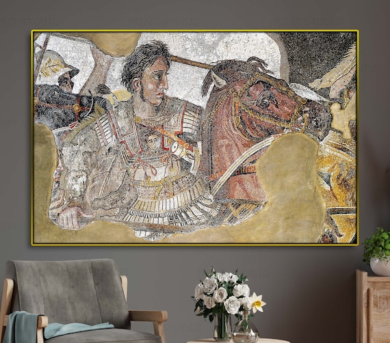 Alexander the Great reproduction mosaic in Pompeii ancient Greek battle scene Vintage retro wall fane art decoration History museum print