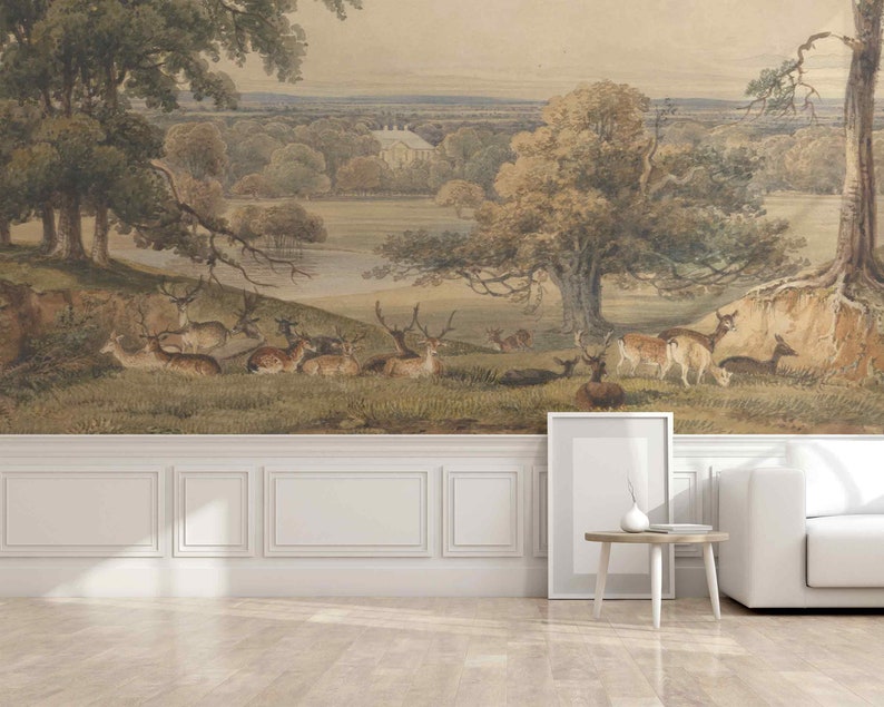 Rustic reprint vintage wall murals Self-adhesive or non-woven wallpaper Landscape panoramic vintage picturesque Victorian style wild animals zdjęcie 2