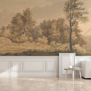 Rustic Autumn Vintage Forest Self-adhesive fabric or non-woven wallpaper oil painting fine art Landscape panoramic view Large old trees