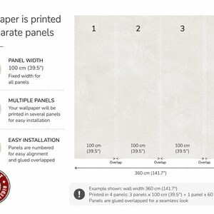 May include: Image showing wallpaper panels with dimensions. The text reads: "Wallpaper is printed in separate panels." Panel width is 100 cm (39.5"). The image shows four panels, with dimensions of 100 cm (39.5") and 60 cm (23.5").