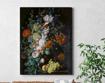 Vase of flowers Jan van Huysums Blomsterstykke Still life floral on dark background beautiful fine art reproduction Moody Retro canvas print