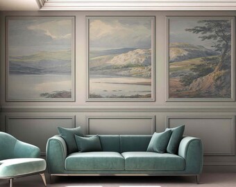 Panoramic view mountain valley oil wall mural Vintage landscape Self-adhesive or Non-woven wallpaper Fine art Beige neutral retro