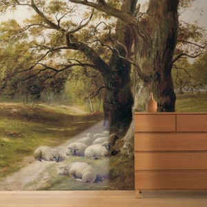 Rural Vintage Landscape large Trees Wall art Mural Panoramic Removable or Regular wallpaper Forest Retro painting scenic Victorian era style