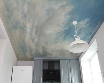 White and blue Sky Ceiling Wallpaper Cloud Mural Vintage Oil Painting Look Self Adhesive Fabric or Non Woven Removable Cloudy Wall Decor