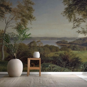 Vintage Landscape Wall Mural – Classic Lake View Wallpaper, Scenic Nature Forest Panorama, Removable Peel and Stick or Traditional Wallpaper