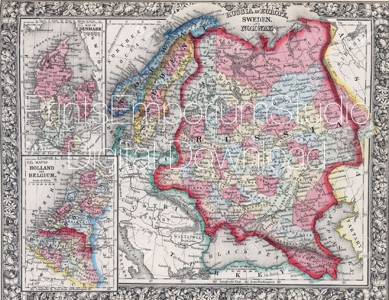 Old map XIX Antique map of Russia in Europe Sweden Norway Etsy