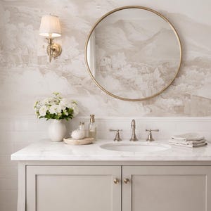 May include: A bathroom vanity with a marble worktop, a round gold mirror, and a floral wallpaper backdrop. The vanity has a white sink, silver tap, and a vase of white flowers. A wall sconce with a lampshade is also visible.
