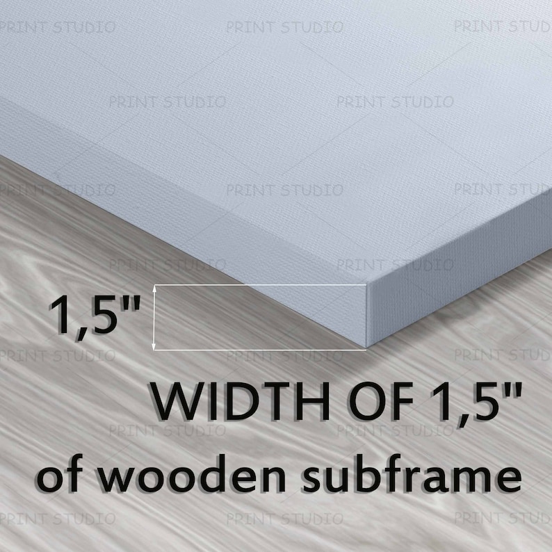 May include: A corner view of a canvas print with a 1.5-inch (3.8 cm) wooden subframe. The canvas is light blue and stretched over the wooden frame. The text on the image reads "WIDTH OF 1.5" of wooden subframe."