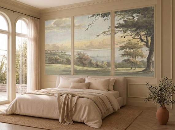 Vintage Coastal Landscape Wallpaper, English Country Wall Mural, Quiet Luxury Wallpaper