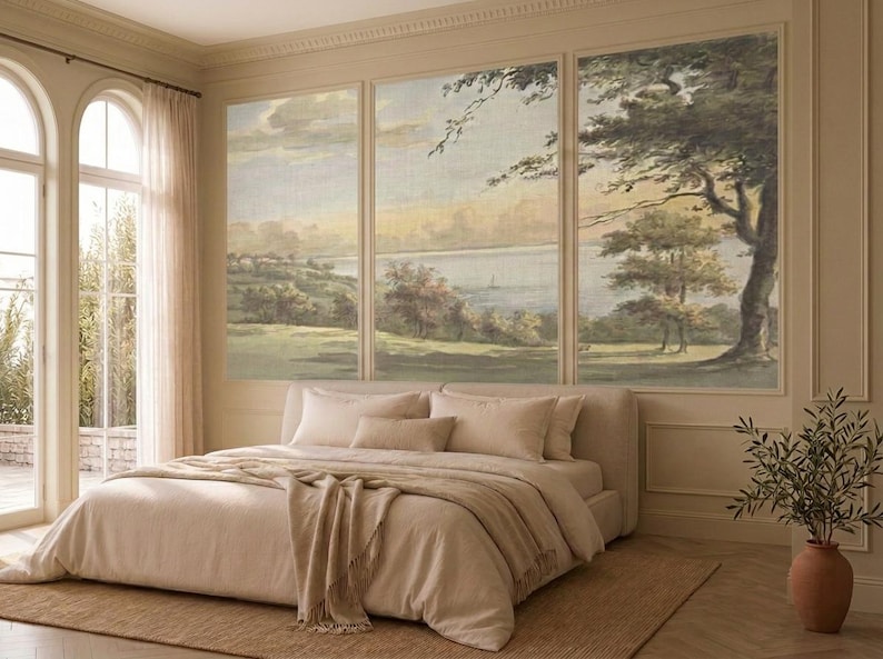 Vintage Coastal Landscape Wallpaper, English Country Wall Mural, Quiet Luxury Wallpaper image 1