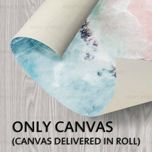 May include: Rolled canvas print with a watercolor design in shades of blue, pink, and gold. The canvas is unrolled, revealing the back and the text "ONLY CANVAS (CANVAS DELIVERED IN ROLL)".