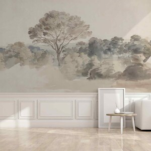 Rural landscape forest minimalist style old trees wallpaper green self-adhesive fabric or non-woven fabric large trees mural vintage