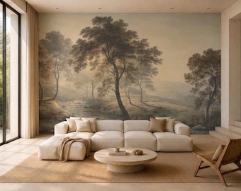 Old World Landscape Wall Mural, Vintage European Countryside, Pastoral Forest Scene, English Country Decor