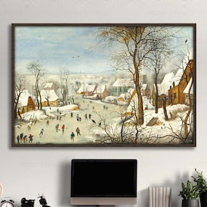Winterlandschap met schaatsers en vogelval retro reproductie op canvas print ingelijst decor fine art vintage foto minimalistische muurkunst