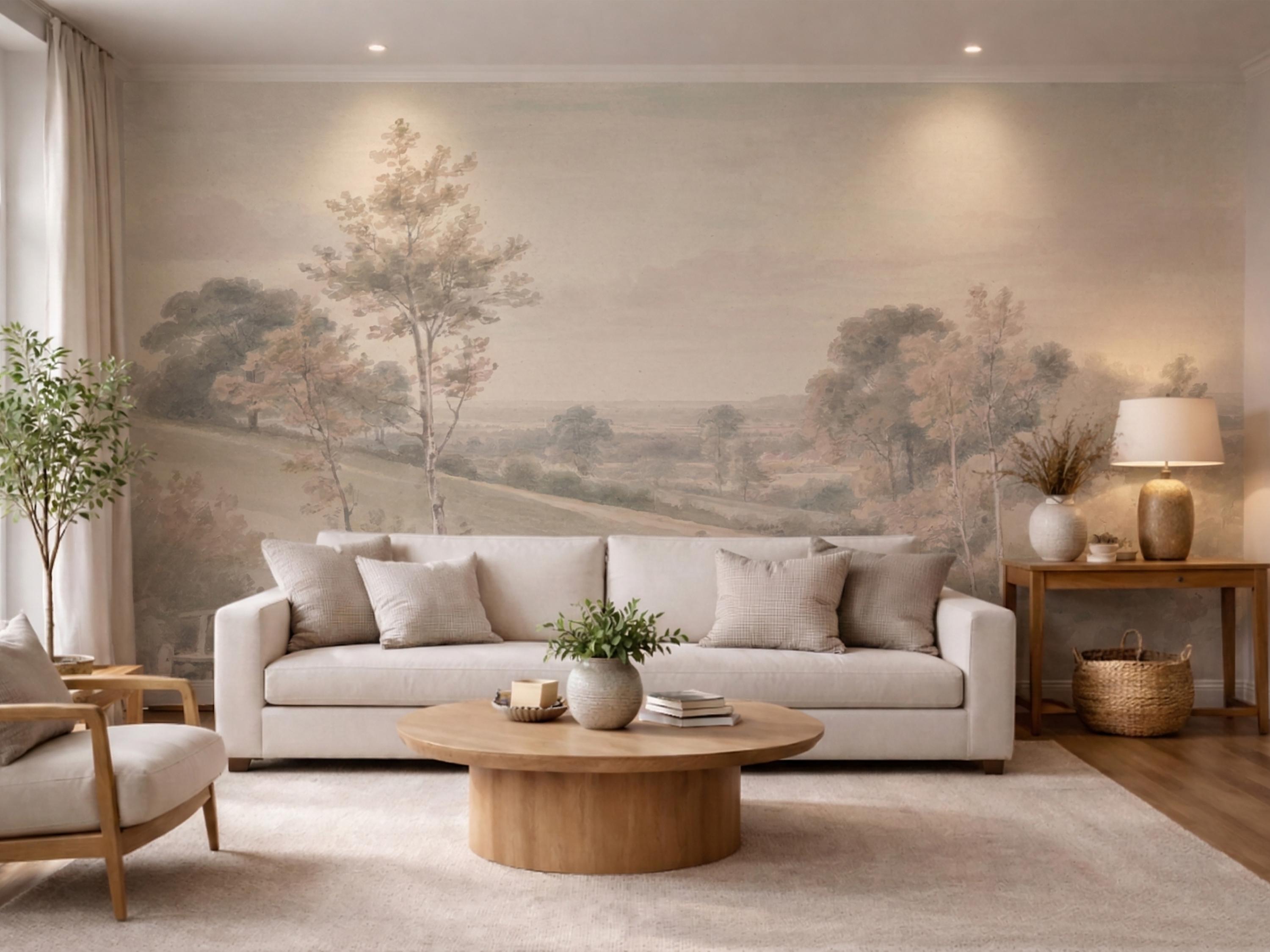 Vintage Pastoral Landscape Wallpaper Mural, Neutral Countryside Wall ...