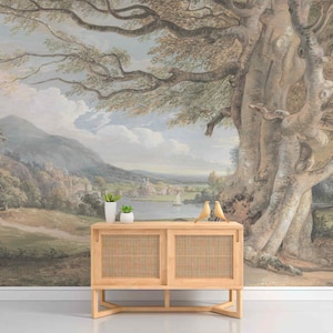 Casco antiguo sobre el río, mar y montañas, papel tapiz de paisaje de valle, pegatinas de pared vintage de gran árbol con río, pintura artística retro, retro