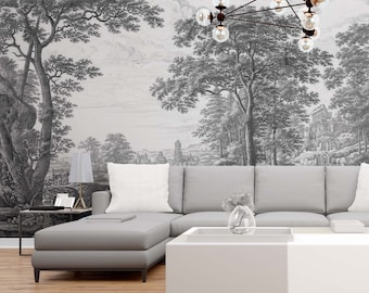 Vintage Forest regular or removable wallpaper Watercolor Monochrome Abstract Sketched Art Landscape Silhouette Wall Mural Landscape painting