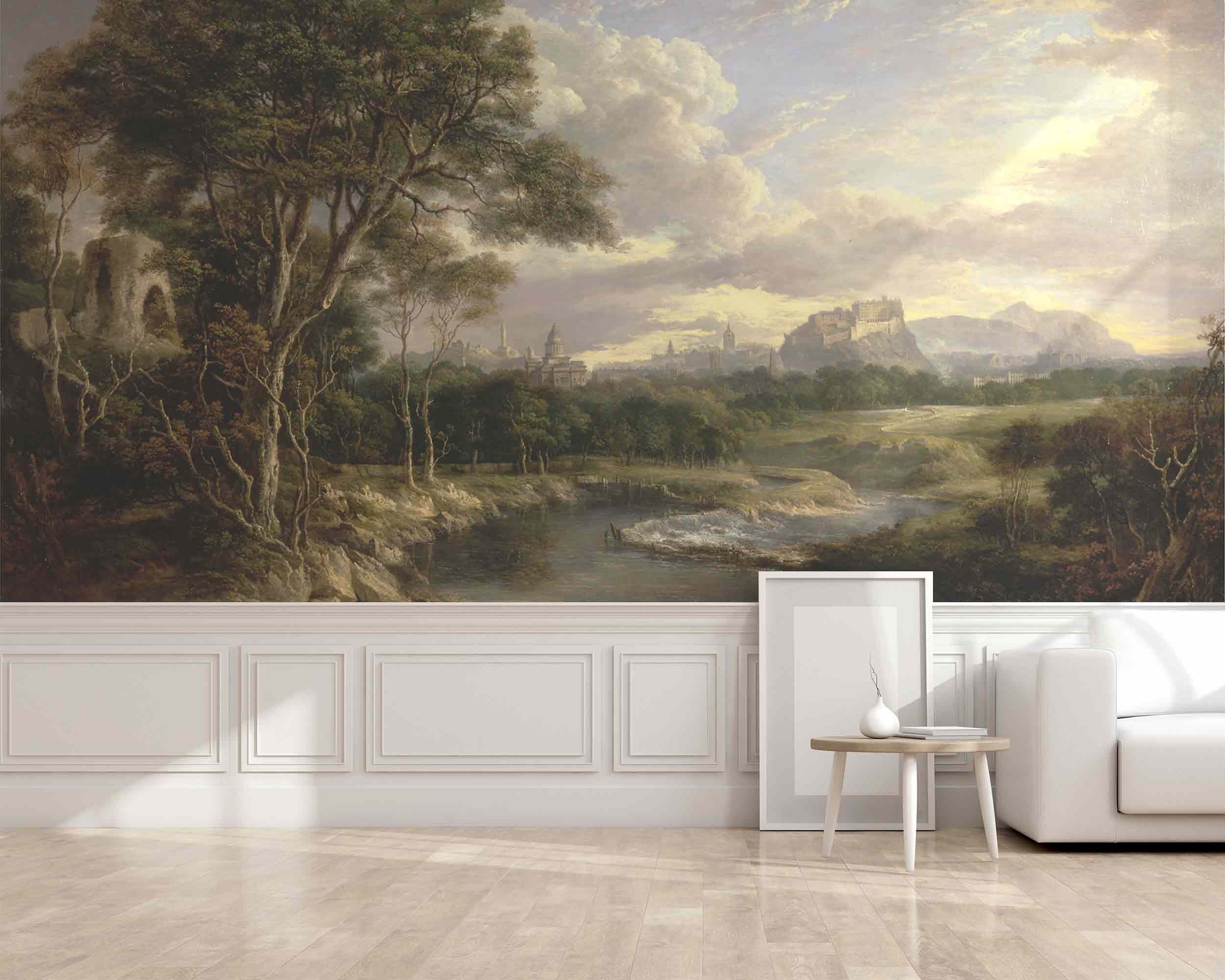 Rural forest oil painting wall mural Vintage landscape panoramic view Self-adhesive or Non-woven wallpaper Big trees Countryside decor retro