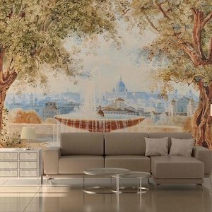 Vintage retro fine art reproduction Self-adhesive fabric or Non-woven wallpaper Big trees panoramic view of ancient city mural Antique  art