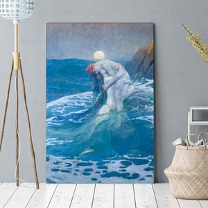 The Mermaid by Howard Pyle Vintage canvas print framed Retro wall art decor Blue painting Fine art fantastic mystical creature Waterhouse