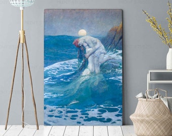 Impression sur toile sirène Howard Pyle : oeuvre d'art murale rétro vintage