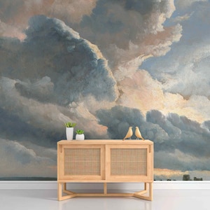 Nuvole pastello blu beige Tessuto autoadesivo o Carta da parati non tessuta Dipinto ad olio in stile vintage Cielo Vento Nuvoloso Decorazione murale per soffitto