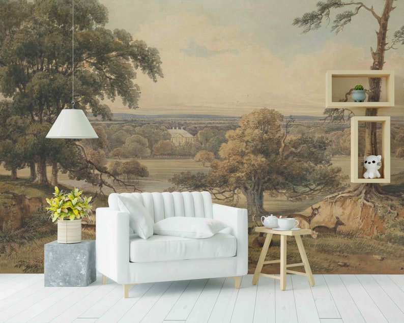 Rustic reprint vintage wall murals Self-adhesive or non-woven wallpaper Landscape panoramic vintage picturesque Victorian style wild animals zdjęcie 6