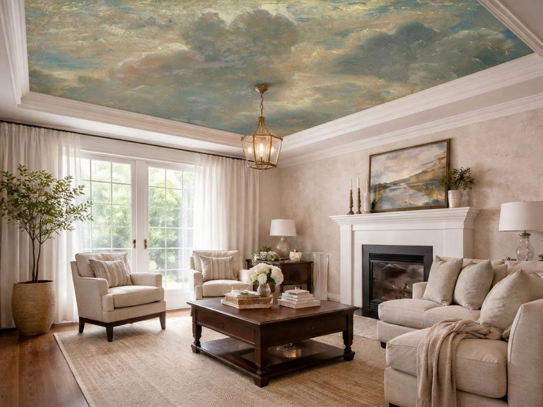 Vintage Cloud Ceiling Wallpaper Mural, Oil Painting Reproduction Sky ...