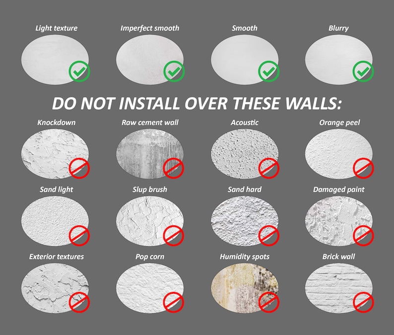 May include: An instructional chart on a dark grey background titled DO NOT INSTALL OVER THESE WALLS. It displays sixteen oval swatches of wall textures. Four top swatches have green checkmarks, while twelve others have red prohibition symbols.