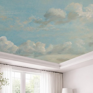 Oil Painting Sky Ceiling Wallpaper Cloud Mural Blue Beige Textured Look Self Adhesive or Non Woven Removable Artistic Modern Wall Decor