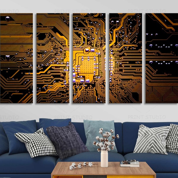 Circuit layout Electronics wall art Chip huge panoramic canvas print Circuit board home office decor Motherboard Computer science printed