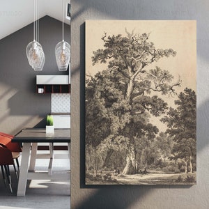 Große alte Eiche Monochrom Bleistift Skizze Fine Art Reproduktion Druck auf Leinwand Englische ländliche Landschaft Minimalistisches schwarz und beige Bild