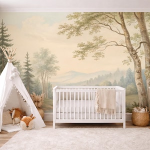 Vintage Landscape Nursery Wallpaper, Pastel Forest Wall Mural for Kids Room, Storybook Woodland Wallpaper, Custom Baby Room Wall Covering