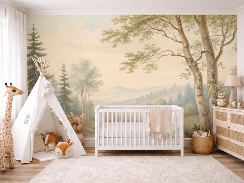 Vintage Landscape Nursery Wallpaper, Pastel Forest Wall Mural for Kids ...