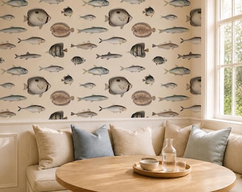 Vintage Fish Wallpaper Coastal Wall Mural Nautical Sea Life Decor