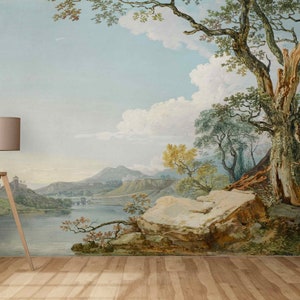 Papel pintado de paisaje vintage, campo con árboles, tela autoadhesiva o tela no tejida, murales retro, decoración de pared escénica histórica