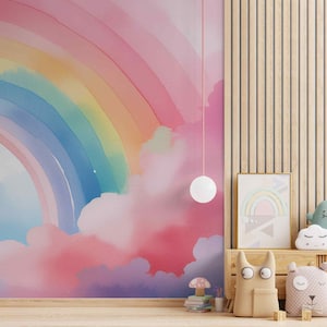 Arcobaleno luminoso con nuvole blu rosa Carta da parati autoadesiva multicolore in tessuto o tessuto non tessuto Decorazione acquerello per cameretta dei bambini