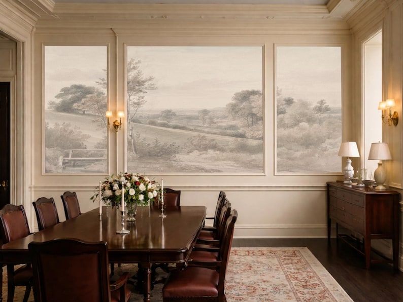 Vintage Pastoral Landscape Wallpaper Mural, Neutral Countryside Wall ...