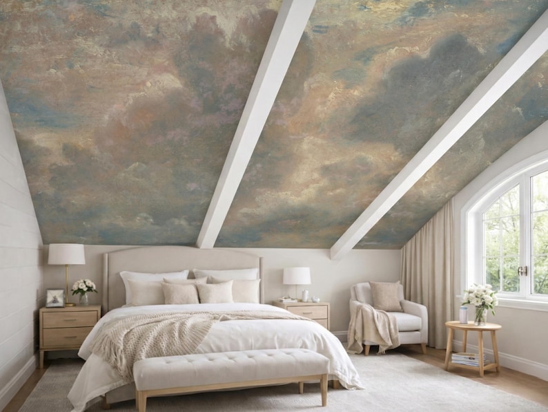 Classic Sky Ceiling Wallpaper Hand-painted Cloud Ceiling Mural Antique ...