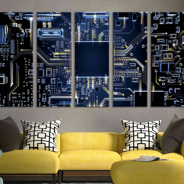 Circuit layout Electronics wall art Chip huge panoramic canvas print Circuit board home office decor Motherboard Computer science printed