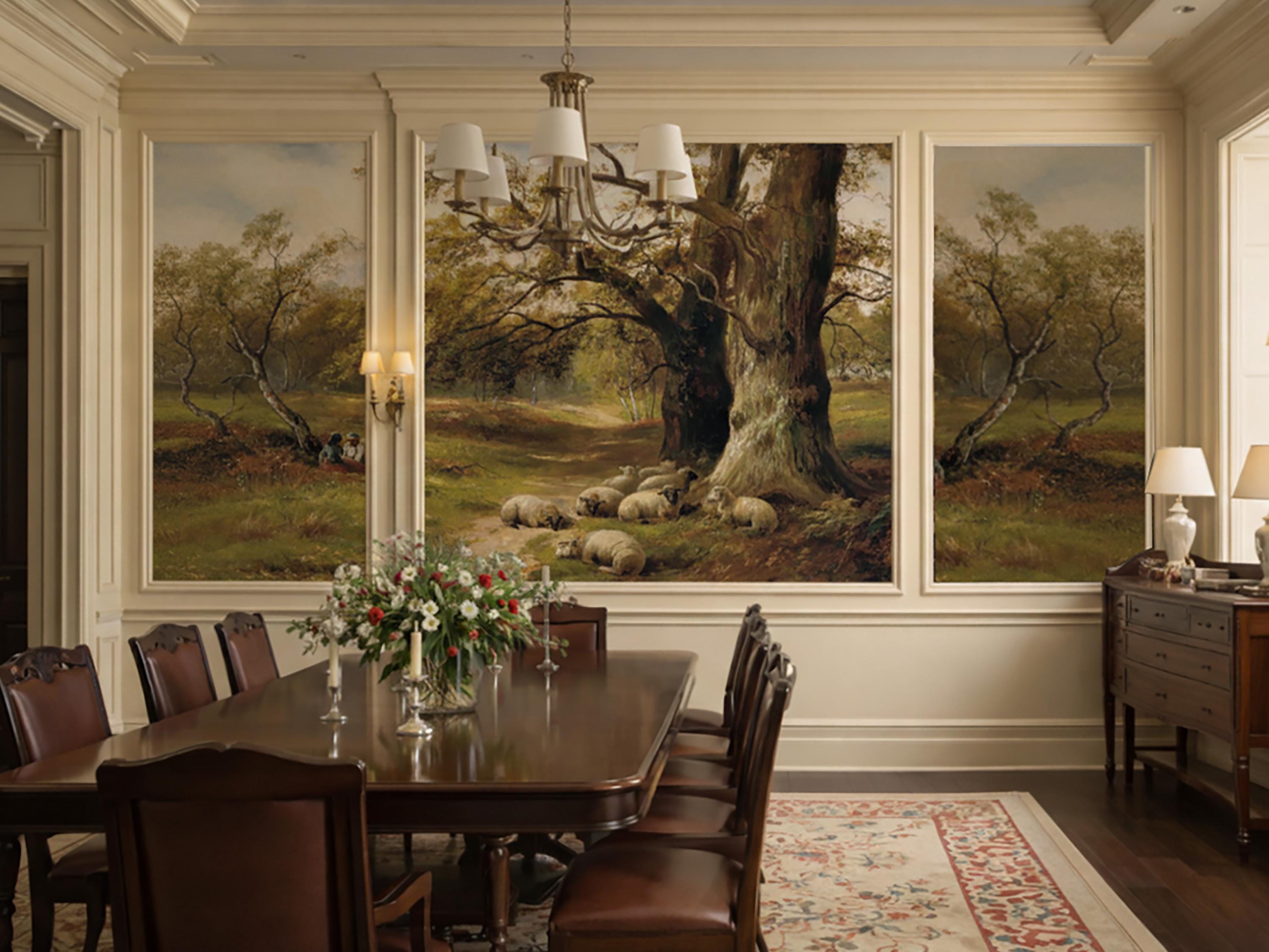 Vintage Pastoral Landscape Wallpaper, Rustic Farm Scene With Sheep ...