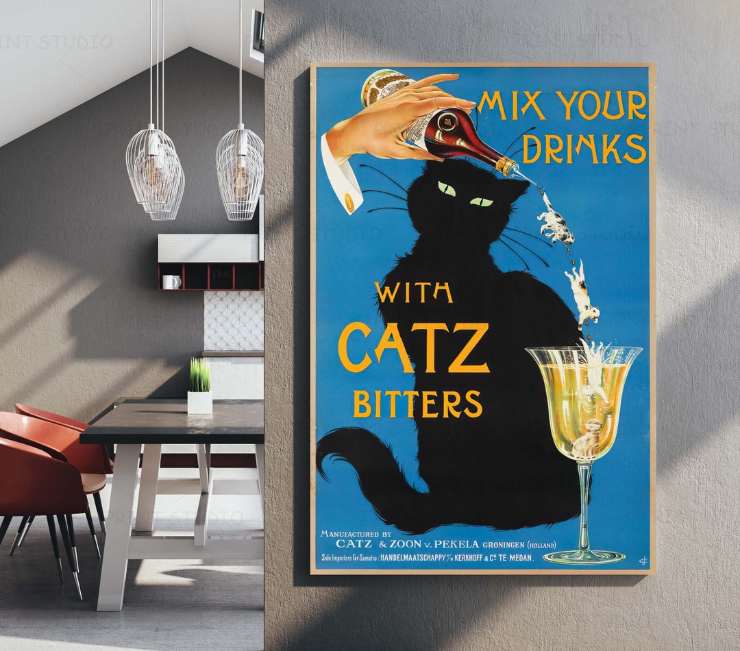 Catz Bitters Print Vintage Beverage Poster Black Cat Wall Art Bar Wall