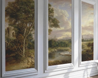 Rural forest oil painting wall mural Vintage landscape panoramic view Self-adhesive or Non-woven wallpaper Big trees Countryside decor retro