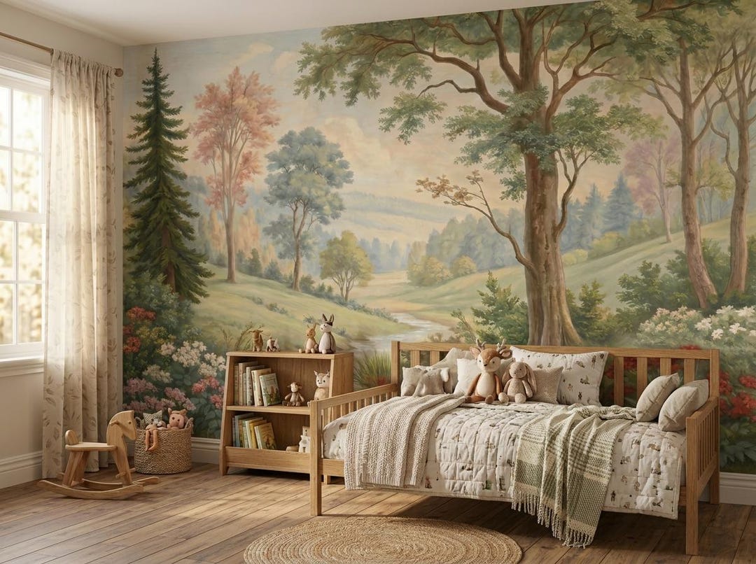 Pastel Landscape Woodland Nursery Wallpaper Mural Fairytale Forest Wall ...
