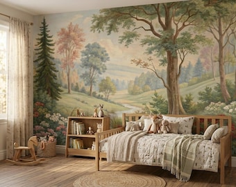 Mural de papel pintado infantil con paisaje boscoso en tonos pastel, decoración de pared de bosque de cuento de hadas para la habitación del bebé.