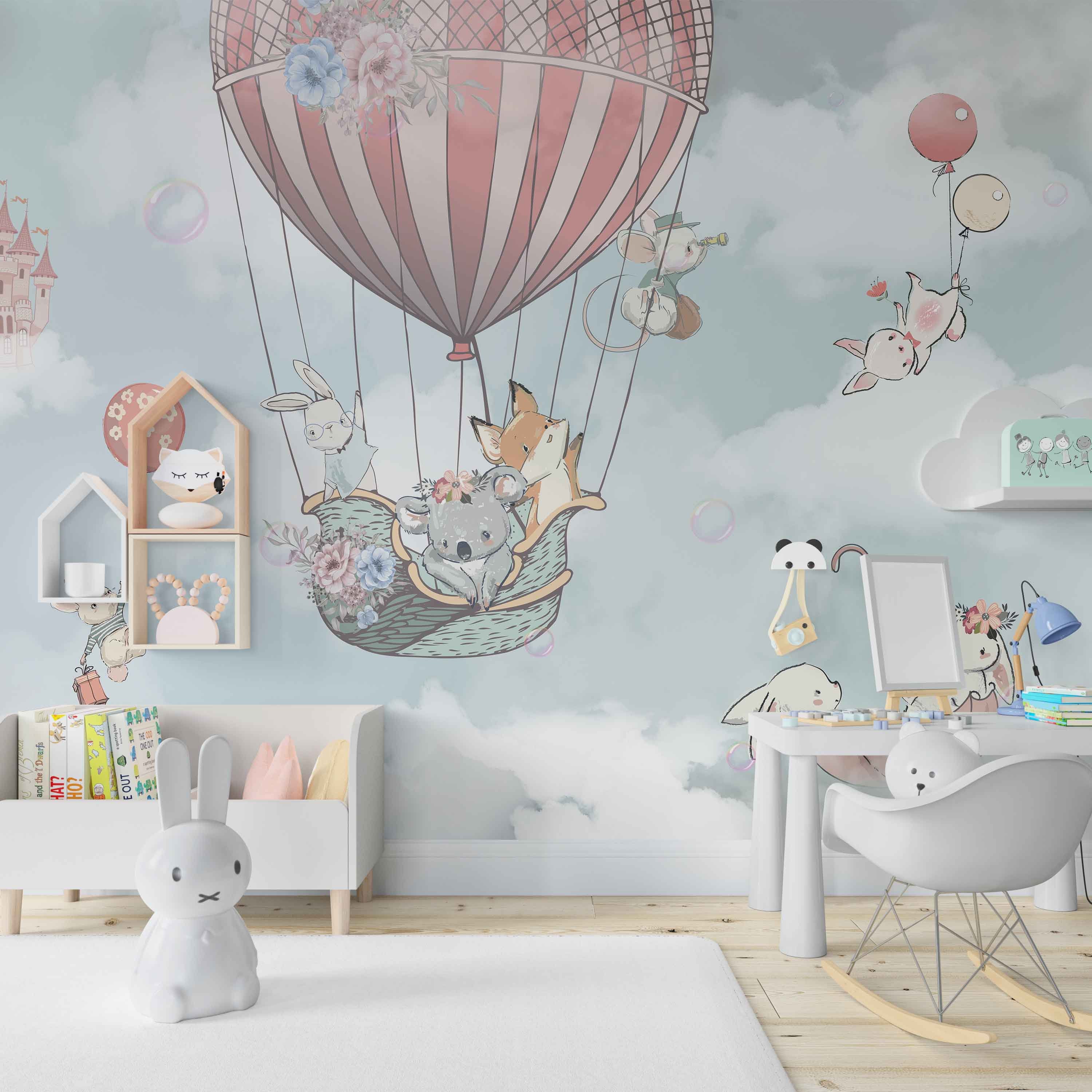 Cute Baby Animals in Hot Air Balloon Kids Removable Wallpaper - Etsy