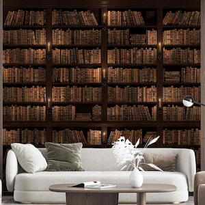 3D Bücher auf Regal im Bücherregal Braun Vintage alter Bibliotheksdruck Selbstklebende Stoff- oder Vliestapete Realistische Wanddekoration für Zuhause