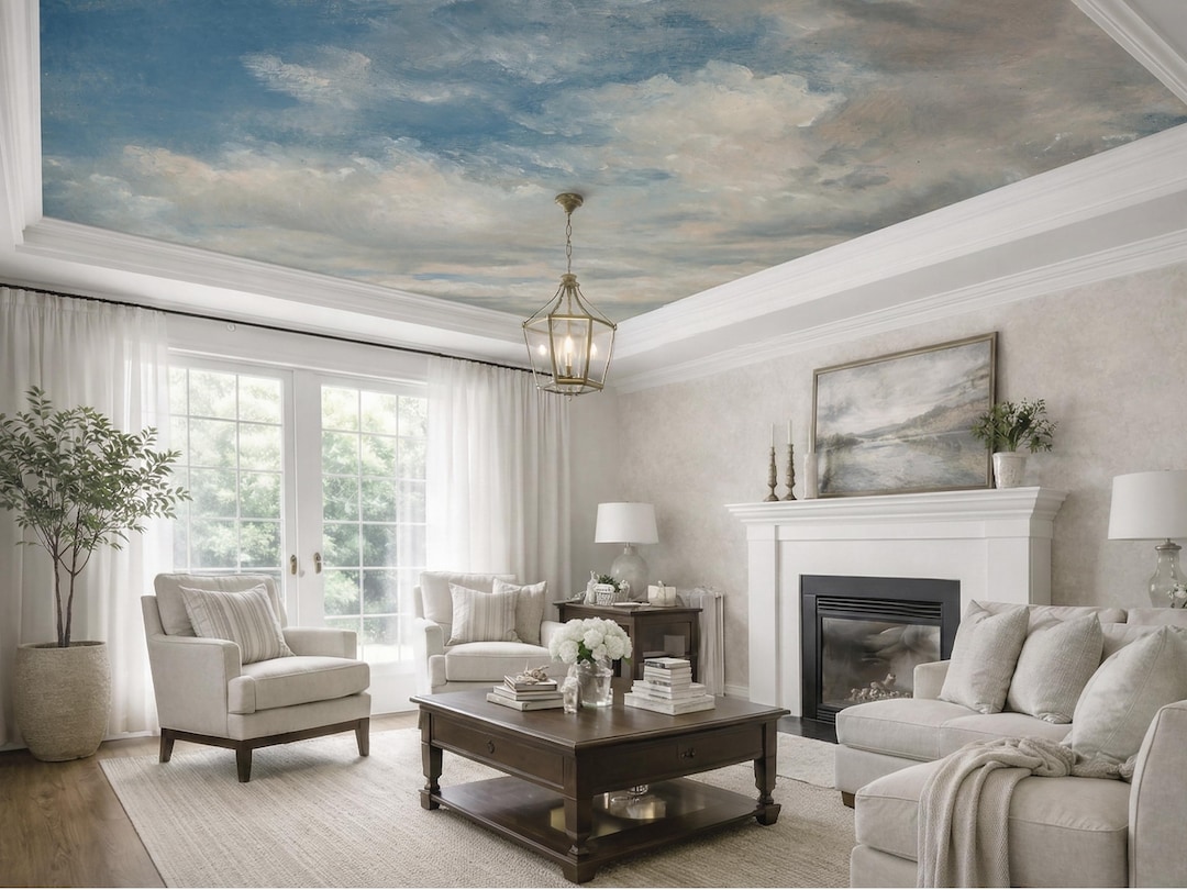 Vintage Sky Ceiling Wallpaper, Classical Cloud Ceiling Mural, Antique ...