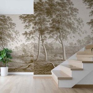 Beige Vintage Forest Landscape Wallpaper Neutral Tree Mural Self Adhesive Non Woven Nature Scene Wall Decor Removable Botanical Wall Mural